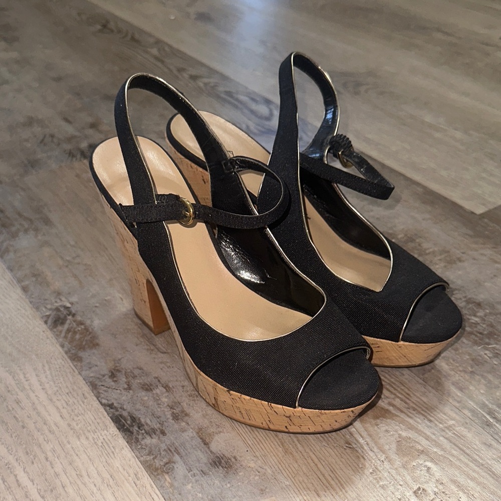 Black/gold Cork Platform Slingback Heels platform 7.5